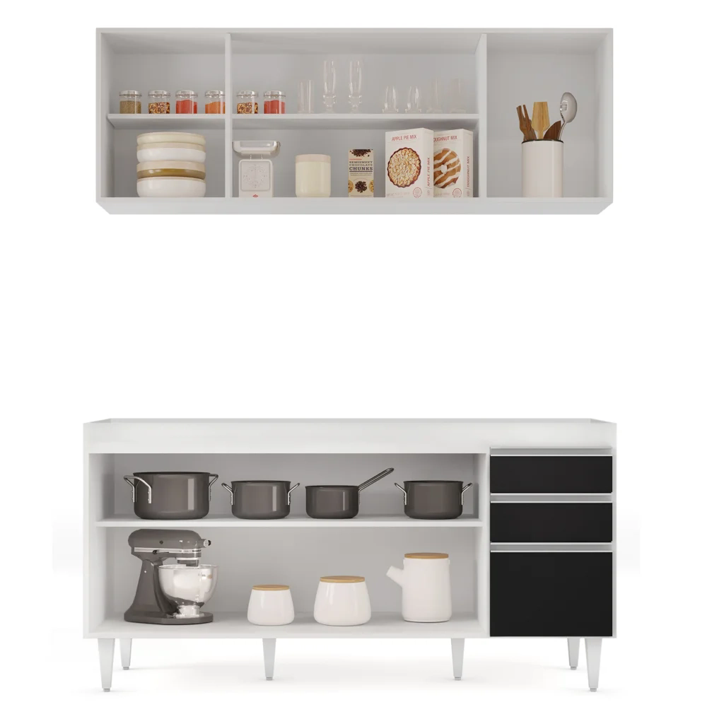 Armário Aéreo Nevada e Balcão Para Pia 160cm Arkansas Branco/Preto - Lumil Móveis