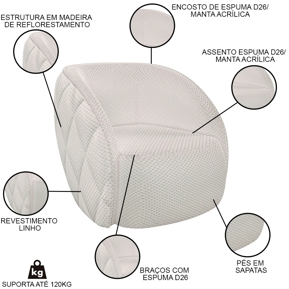 Poltrona Decorativa para Sala 90cm Tressê Zion Z32 Linho Cru - Mpozenato