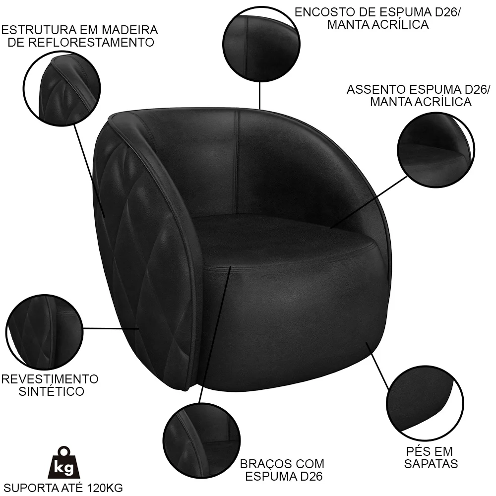 Poltrona Decorativa para Sala 90cm Tressê Zion Z32 Sintético Preto - Mpozenato