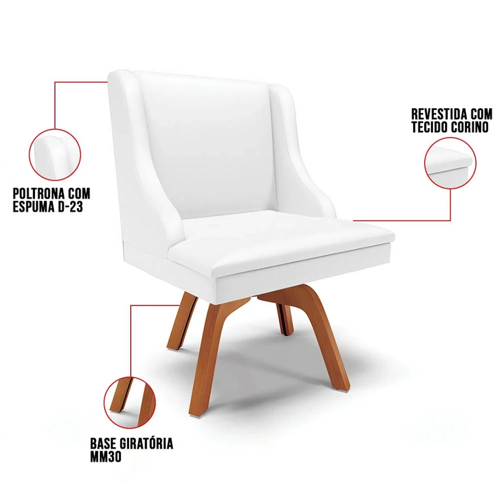 Kit 10 Cadeiras Estofadas para Sala de Jantar Base Giratória de Madeira Lia Sintético Branco - Ibiza