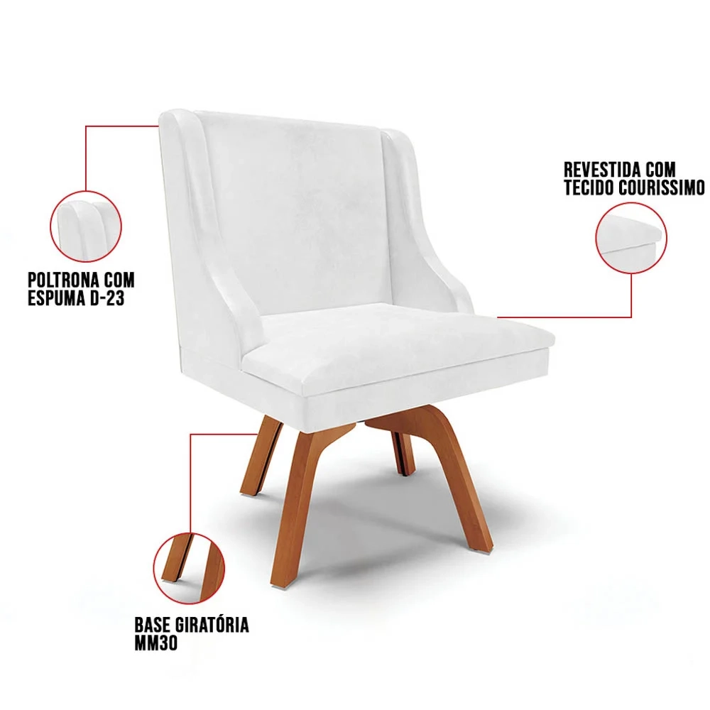 Kit 4 Cadeiras Estofadas Base Giratória de Madeira Lia Sintético Premium Branco - Ibiza