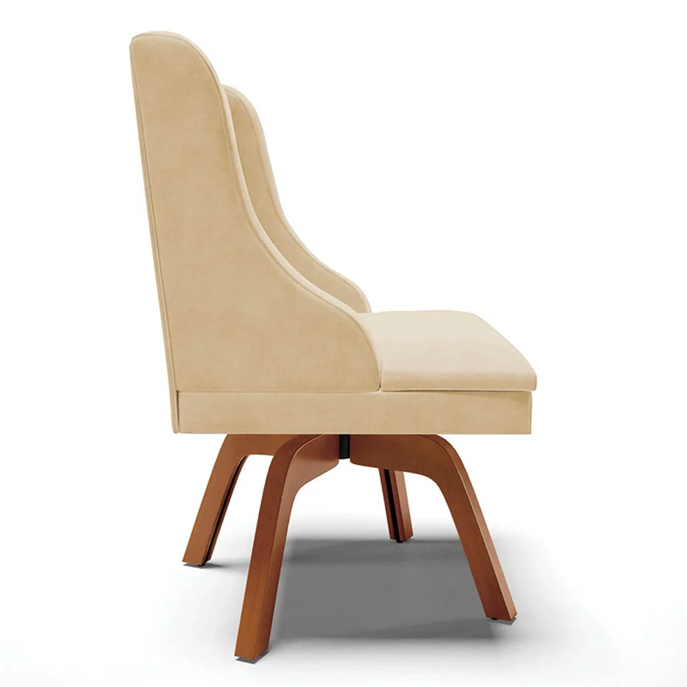 Cadeira Estofada para Sala de Jantar Base Giratória de Madeira Lia Suede Bege - Ibiza