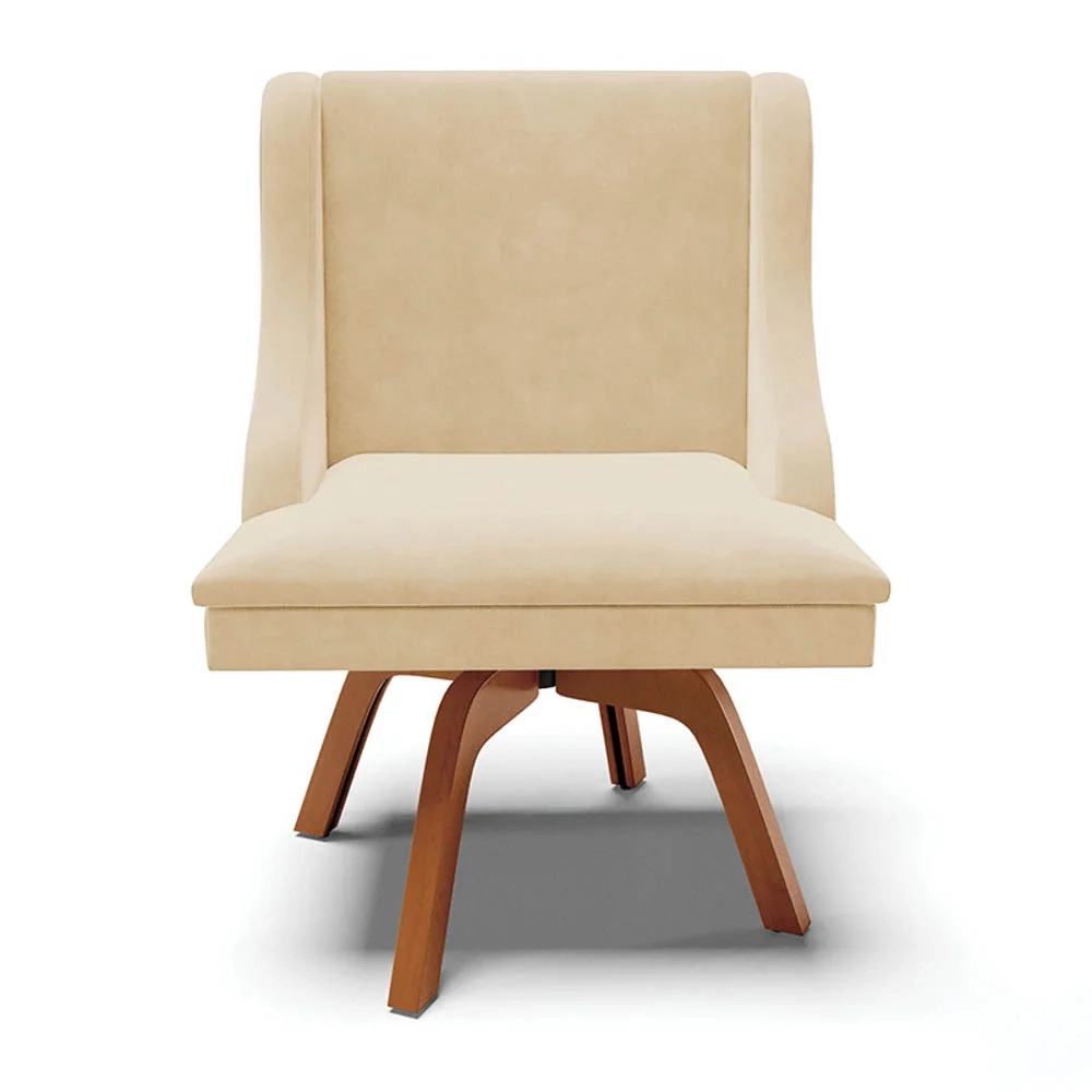 Cadeira Estofada para Sala de Jantar Base Giratória de Madeira Lia Suede Bege - Ibiza