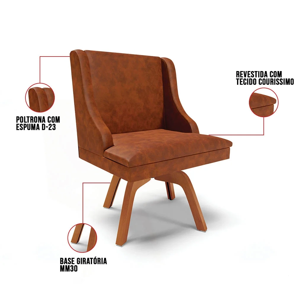 Kit 8 Cadeiras Estofadas Base Giratória de Madeira Lia Sintético Premium Nozes - Ibiza