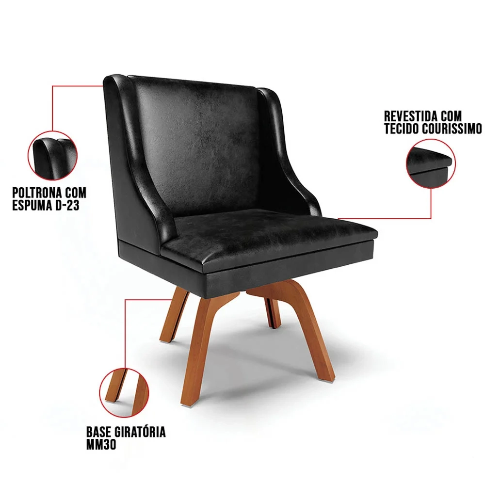 Kit 8 Cadeiras Estofadas Base Giratória de Madeira Lia Sintético Premium Preto - Ibiza