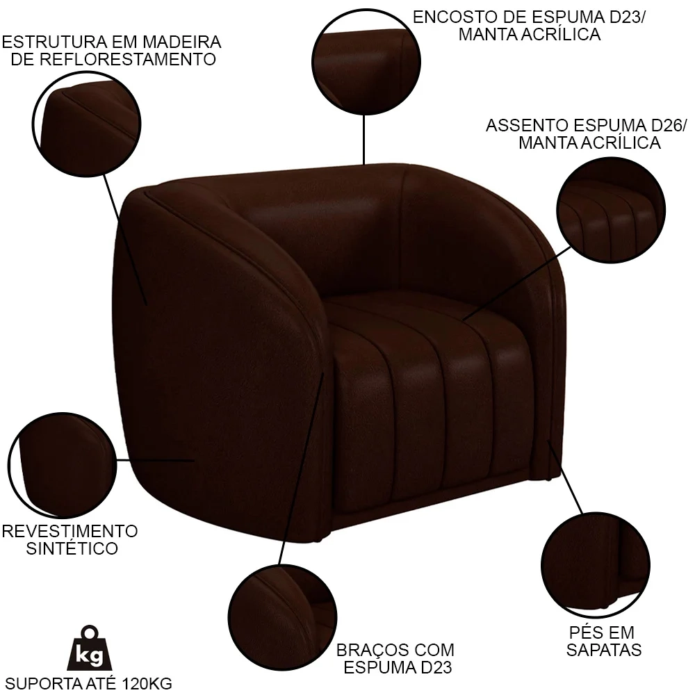 Kit 2 Poltronas Decorativa para Sala 112cm Meris Z32 Sintético Café - Mpozenato