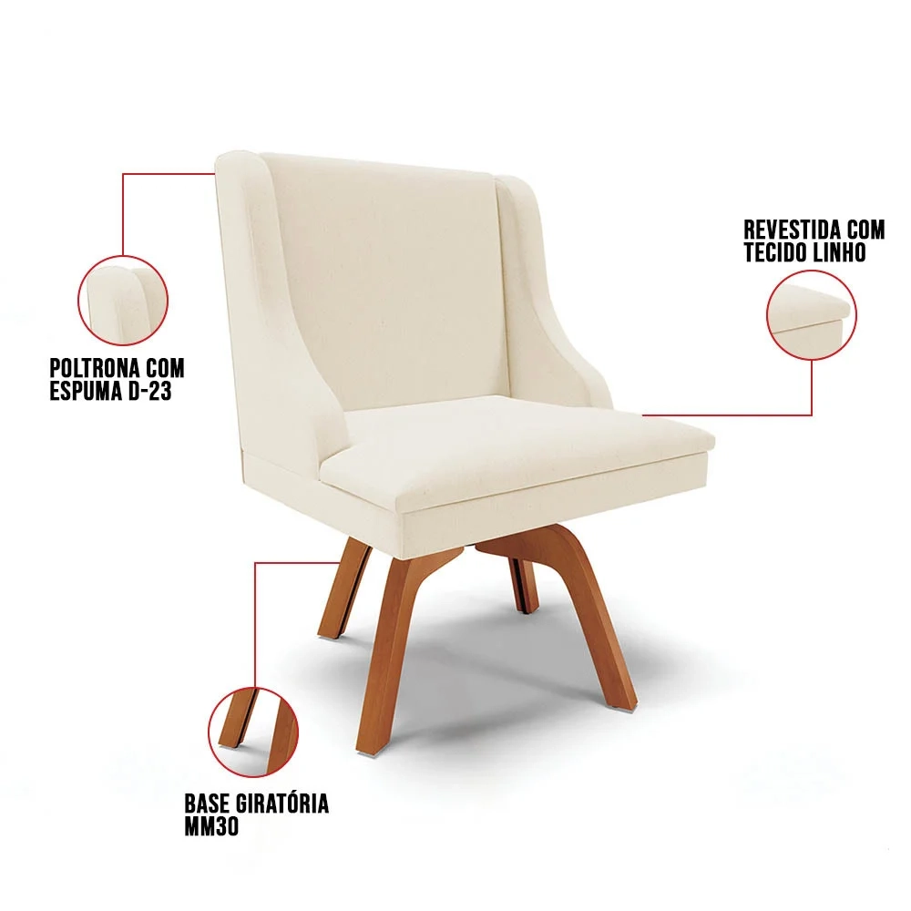 Kit 6 Cadeiras Estofadas Giratória para Sala de Jantar Lia Linho Bege - Ibiza