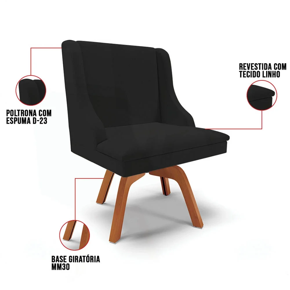 Kit 6 Cadeiras Estofadas Giratória para Sala de Jantar Lia Linho Preto - Ibiza