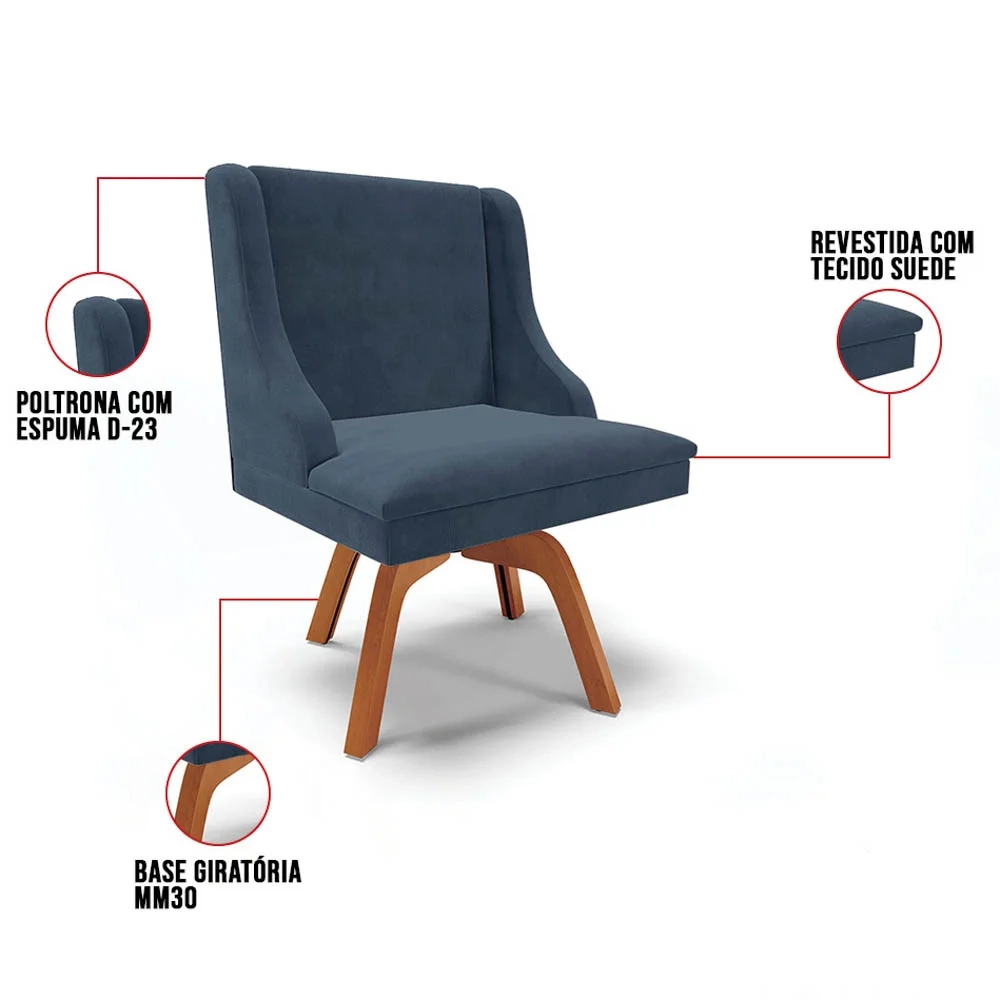 Cadeira Estofada para Sala de Jantar Base Giratória de Madeira Lia Suede Azul Marinho - Ibiza
