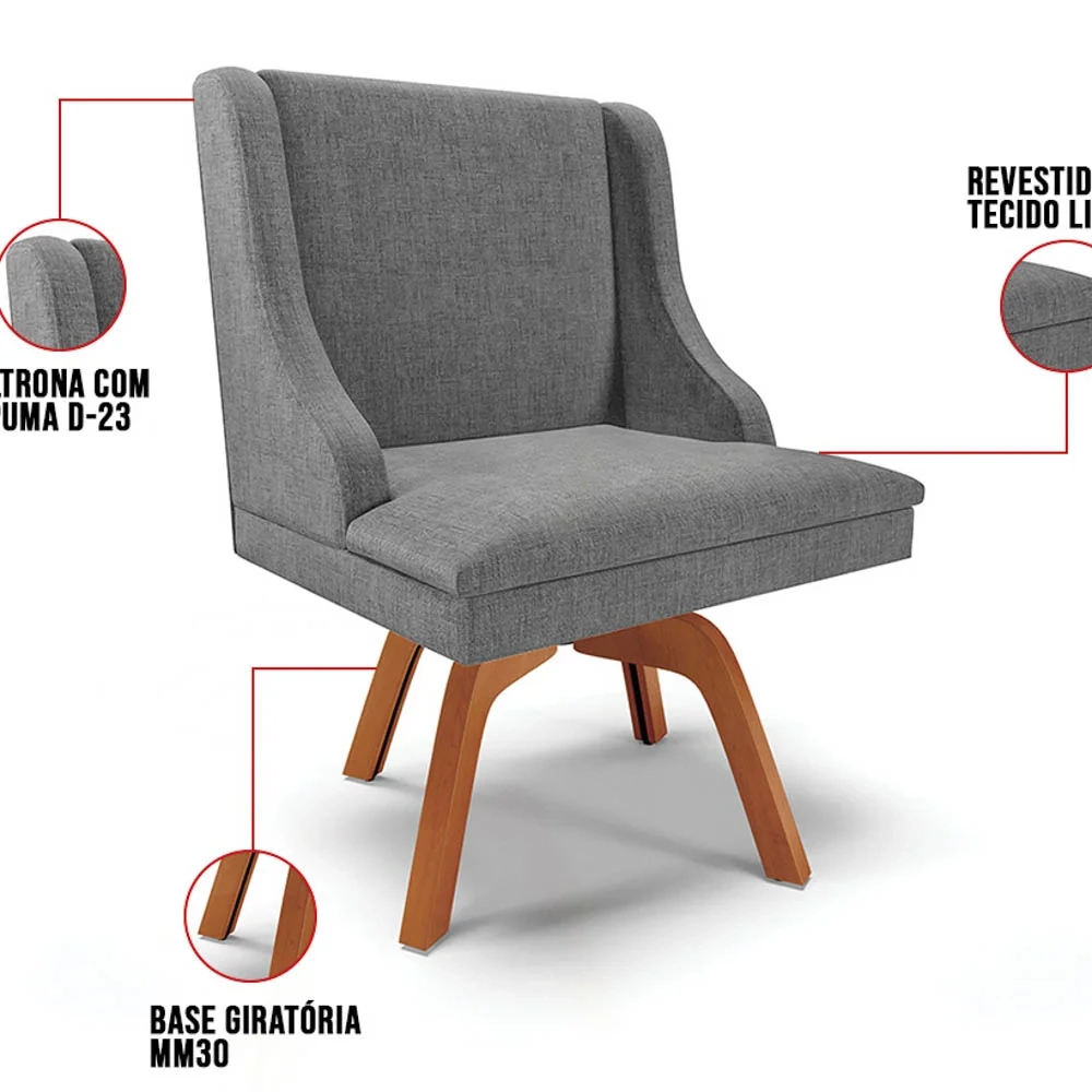 Kit 10 Cadeiras Estofadas Giratória para Sala de Jantar Lia Linho Grafite - Ibiza