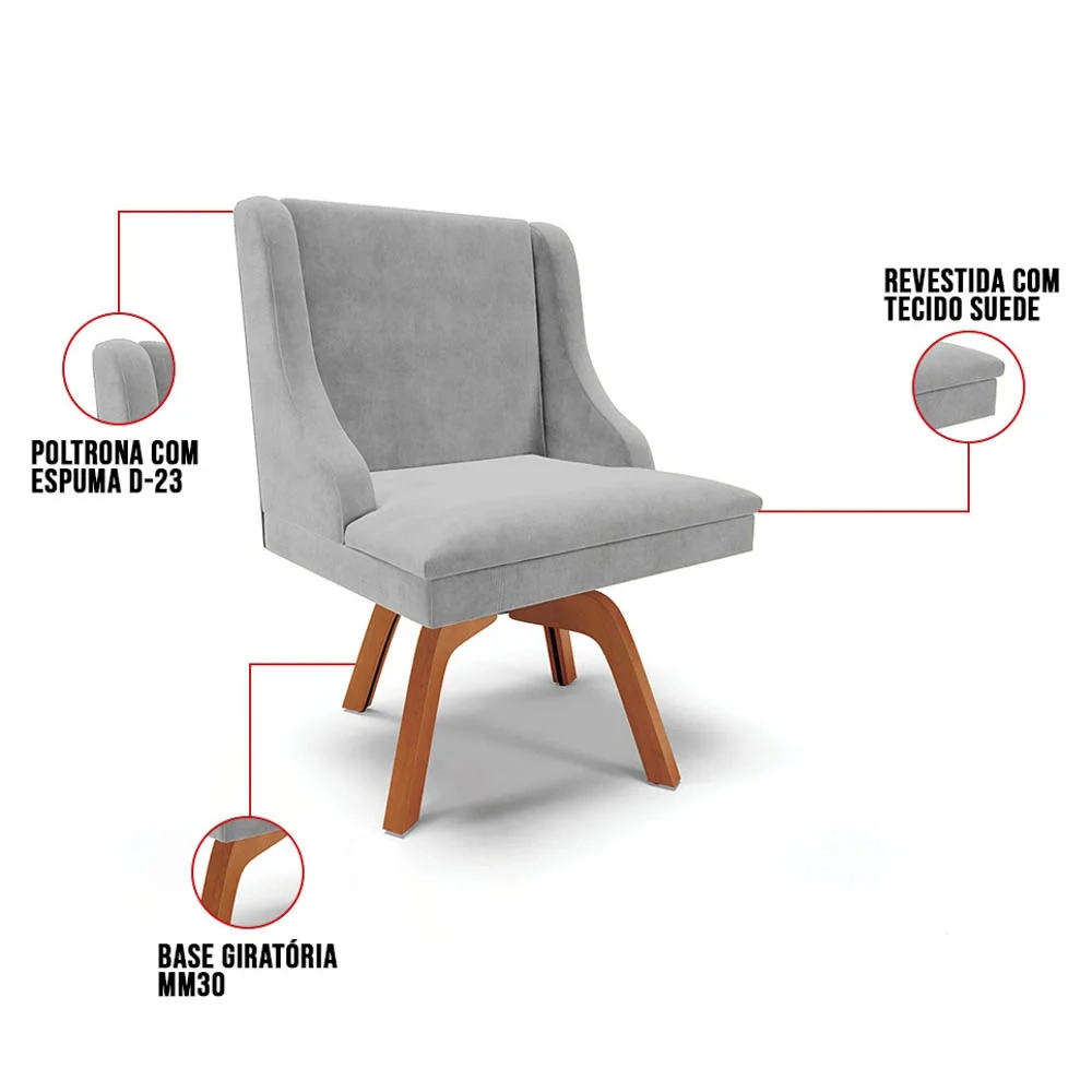 Kit 4 Cadeiras Estofadas Giratória para Sala de Jantar Lia Suede Cinza - Ibiza