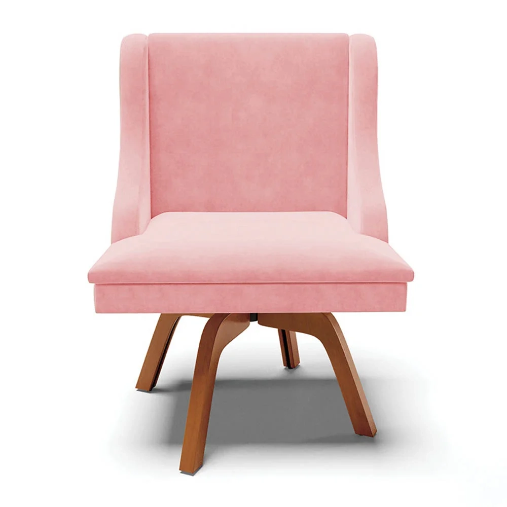 Cadeira Estofada para Sala de Jantar Base Giratória de Madeira Lia Suede Rosa bebê - Ibiza