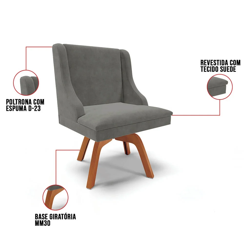 Kit 8 Cadeiras Estofadas Giratória para Sala de Jantar Lia Suede Grafite - Ibiza