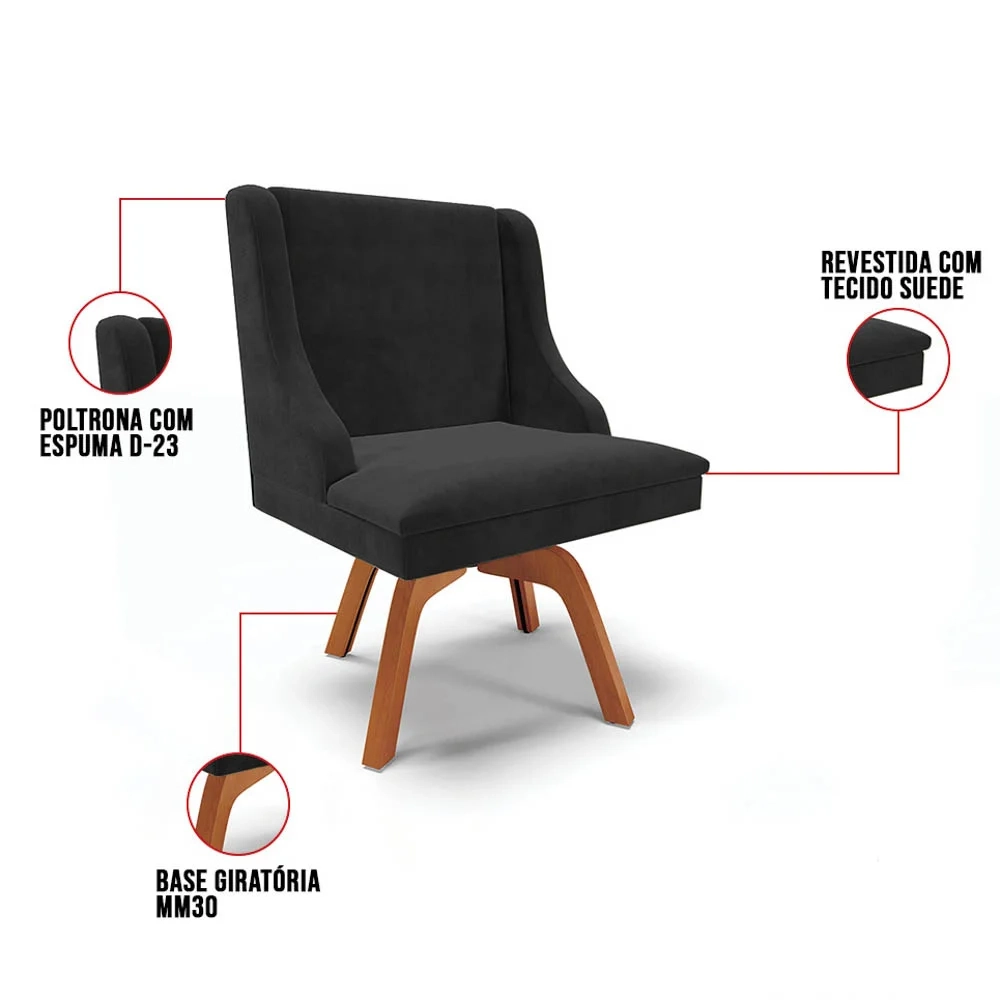 Kit 10 Cadeiras Estofadas Giratória para Sala de Jantar Lia Suede Preto - Ibiza
