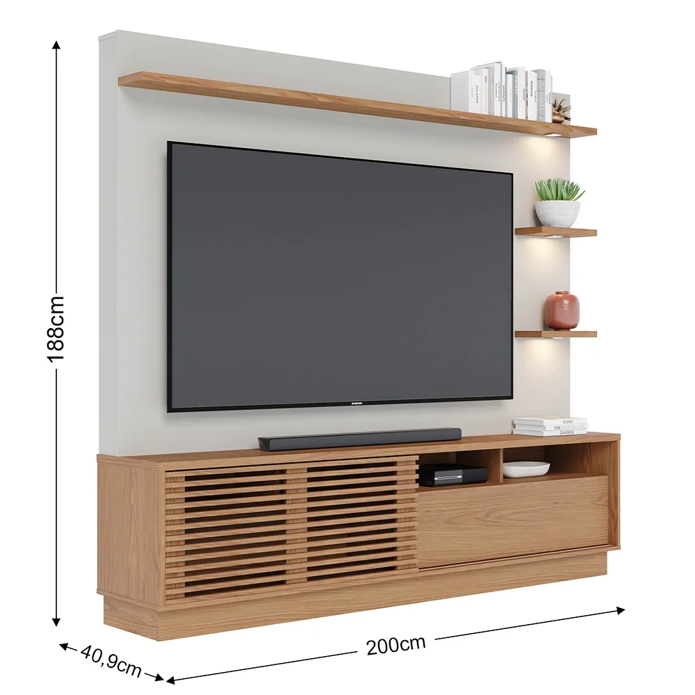 Estante Home Theater para TV 70 Pol. com LED 200cm Amiche C05 Freijó/Off White Matte - Mpozenato