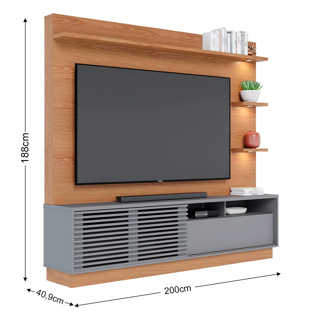 Estante Home Theater para TV 70 Pol. com LED 200cm Amiche C05 Freijó/Cinza Fosco - Mpozenato