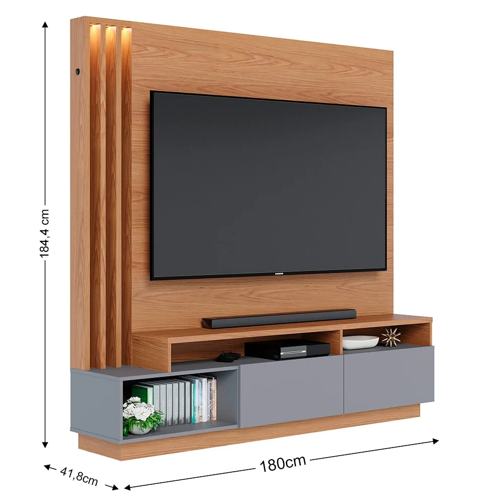 Estante Home Theater para TV 75 Pol. com LED 180cm Maitê C05 Freijó/Cinza Fosco - Mpozenato