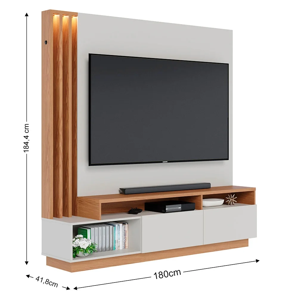 Estante Home Theater para TV 75 Pol. com LED 180cm Maitê C05 Off White Matte/Freijó - Mpozenato