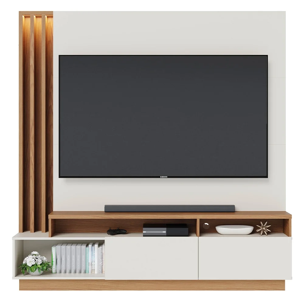 Estante Home Theater para TV 75 Pol. com LED 180cm Maitê C05 Off White Matte/Freijó - Mpozenato