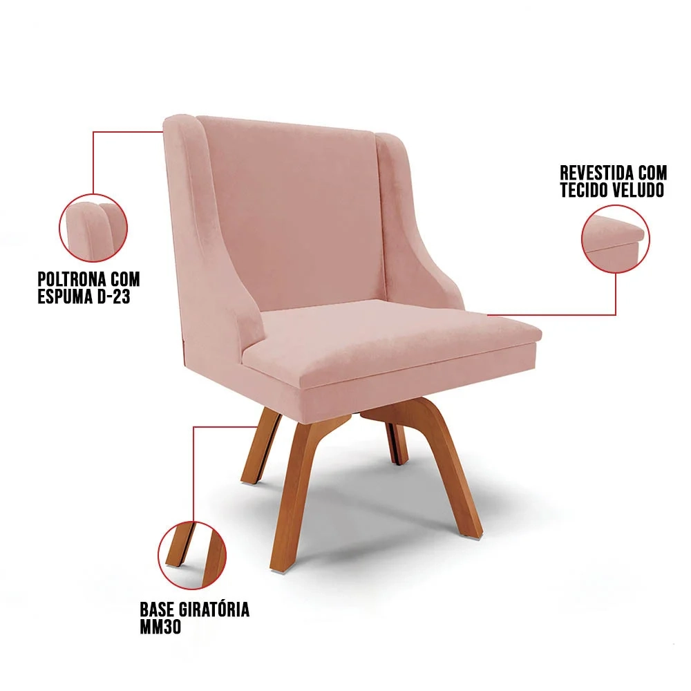 Kit 2 Cadeiras Estofadas Giratória para Sala de Jantar Lia Veludo Rosê - Ibiza