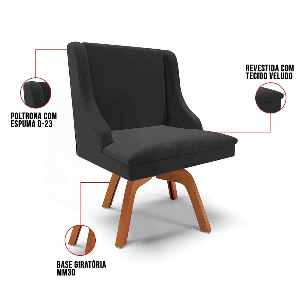 Kit 4 Cadeiras Estofadas Base Giratória de Madeira Lia Veludo Preto - Ibiza