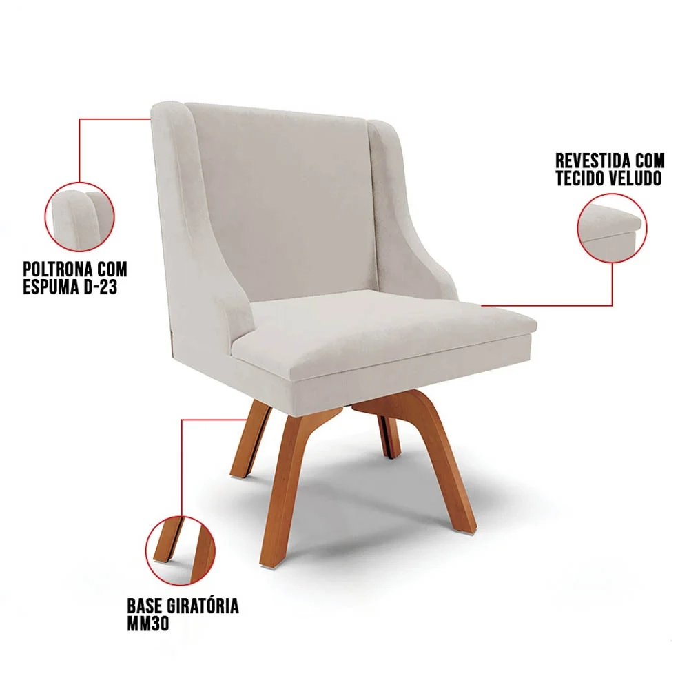 Kit 4 Cadeiras Estofadas Base Giratória de Madeira Lia Veludo Cinza - Ibiza