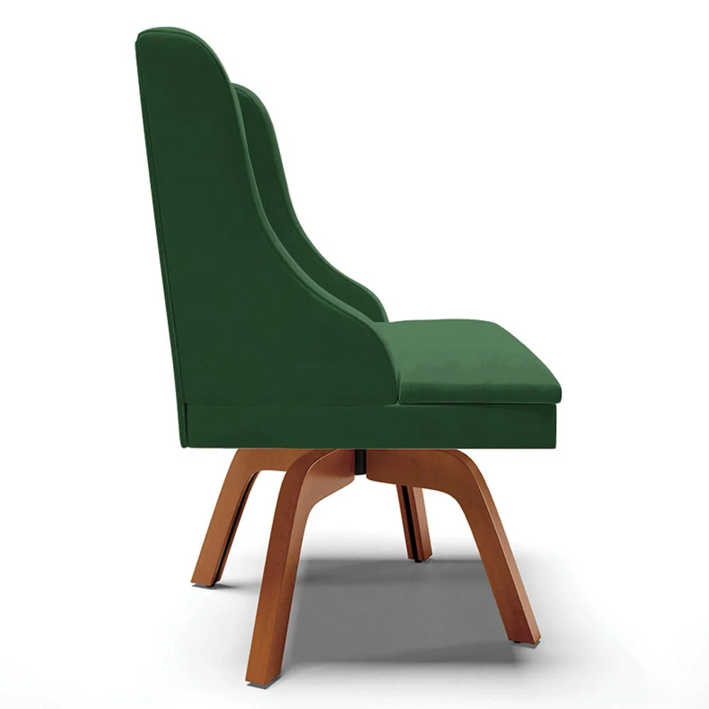 Cadeira Estofada para Sala de Jantar Base Giratória de Madeira Lia Veludo Verde Esmeralda - Ibiza