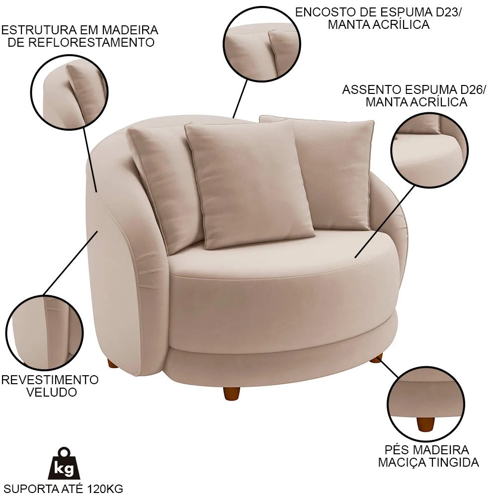 Poltrona Decorativa para Sala 122cm Pés Madeira Kaly Z32 Veludo Bege - Mpozenato