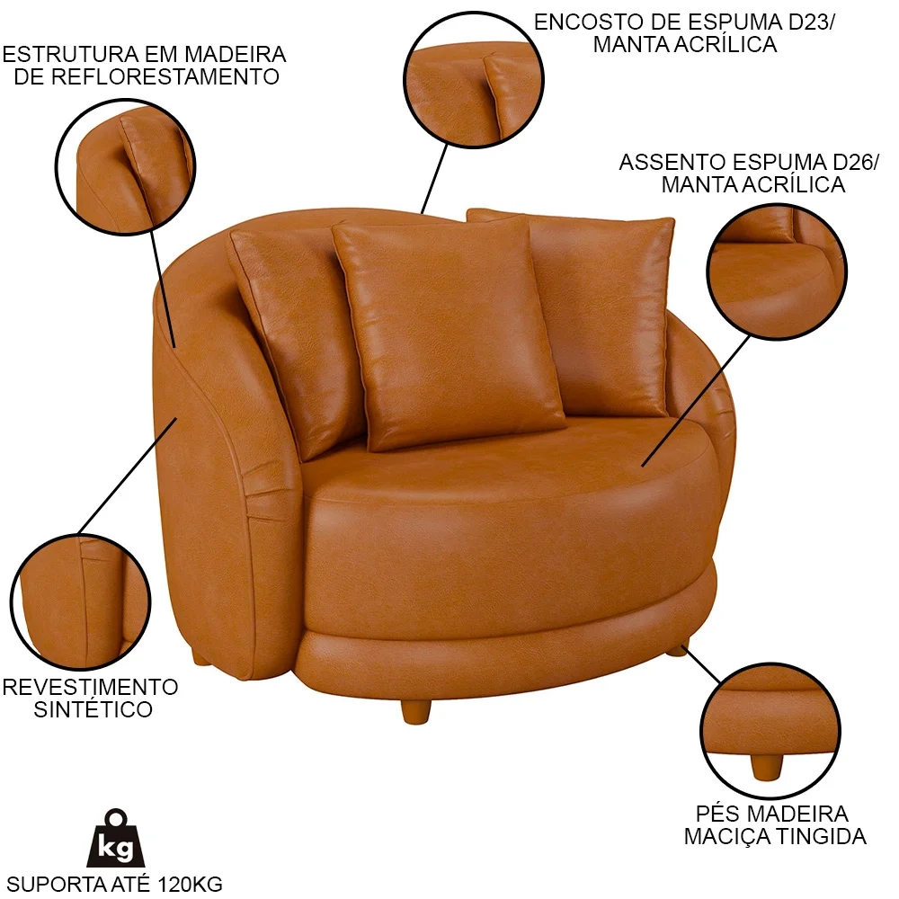 Poltrona Decorativa para Sala 122cm Pés Madeira Kaly Z32 Sintético Caramelo - Mpozenato