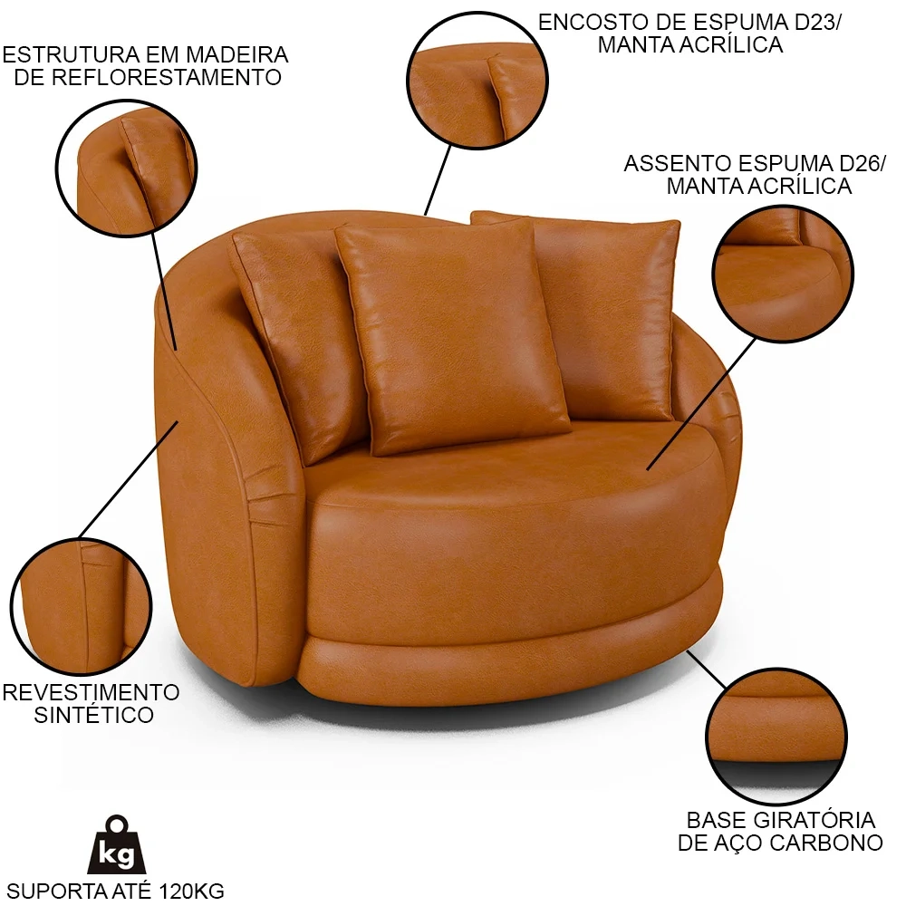 Poltrona Decorativa Giratória para Sala 122cm Kaly Z32 Sintético Caramelo - Mpozenato