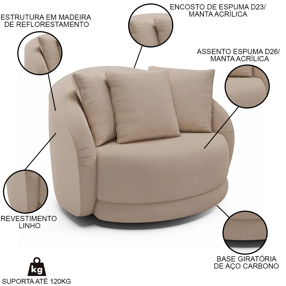 Poltrona Decorativa Giratória para Sala 122cm Kaly Z32 Linho Cru - Mpozenato