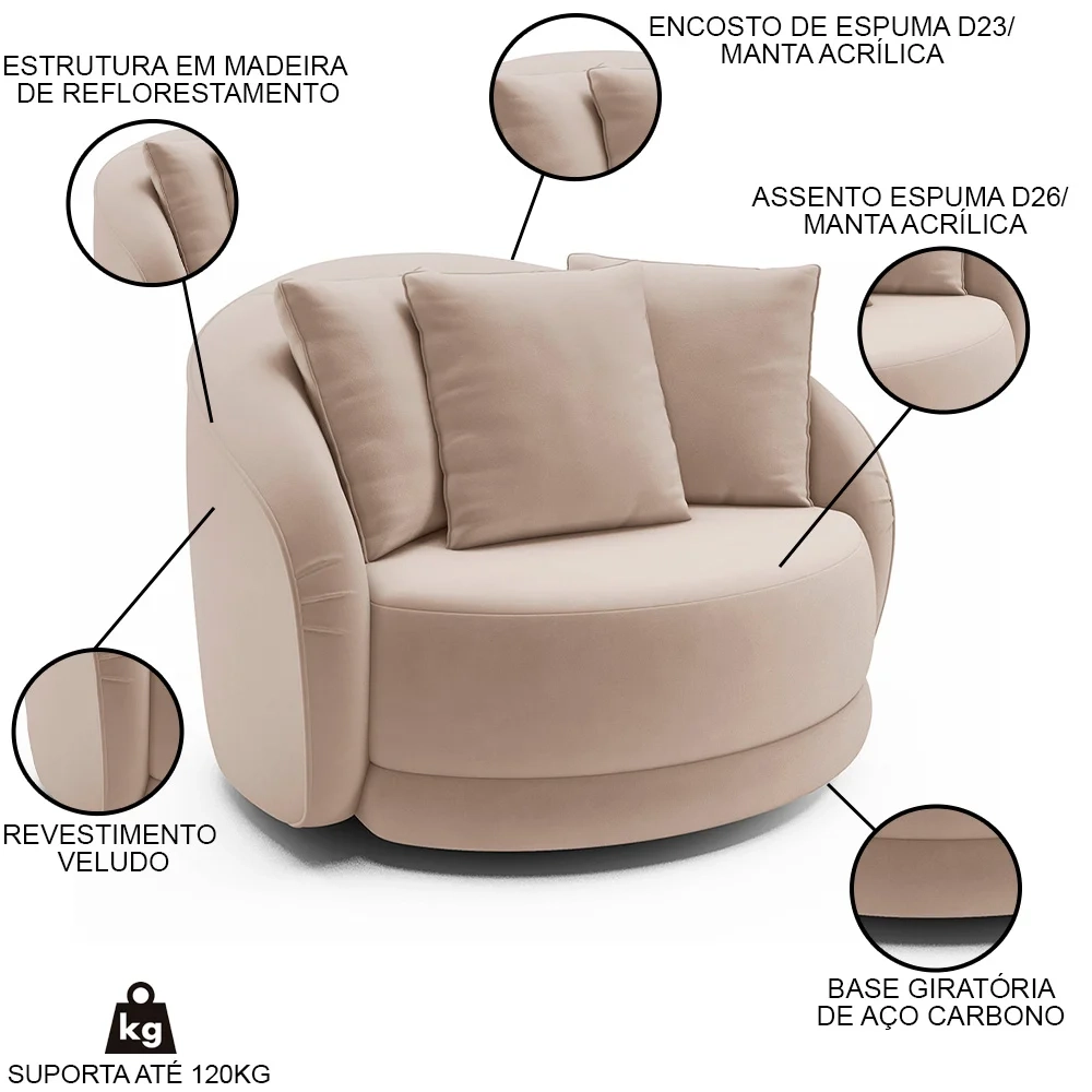 Poltrona Decorativa Giratória para Sala 122cm Kaly Z32 Veludo Bege - Mpozenato