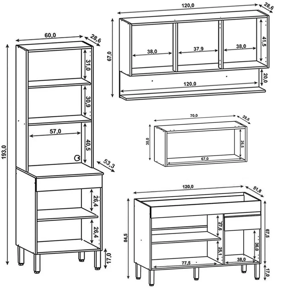 Armário de Cozinha 4 peças Balcão sem Tampo 120cm Lina04 Z06 Gris/Freijó - Mpozenato