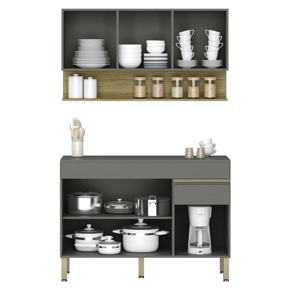 Armário de Cozinha e Balcão com Tampo 120cm Lina Z06 Gris/Freijó - Mpozenato