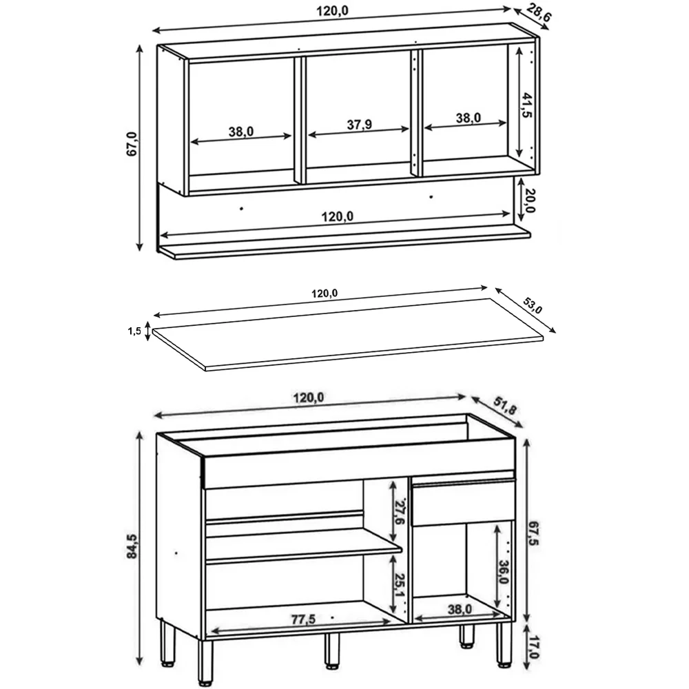 Armário de Cozinha e Balcão com Tampo 120cm Lina Z06 Gris/Freijó - Mpozenato