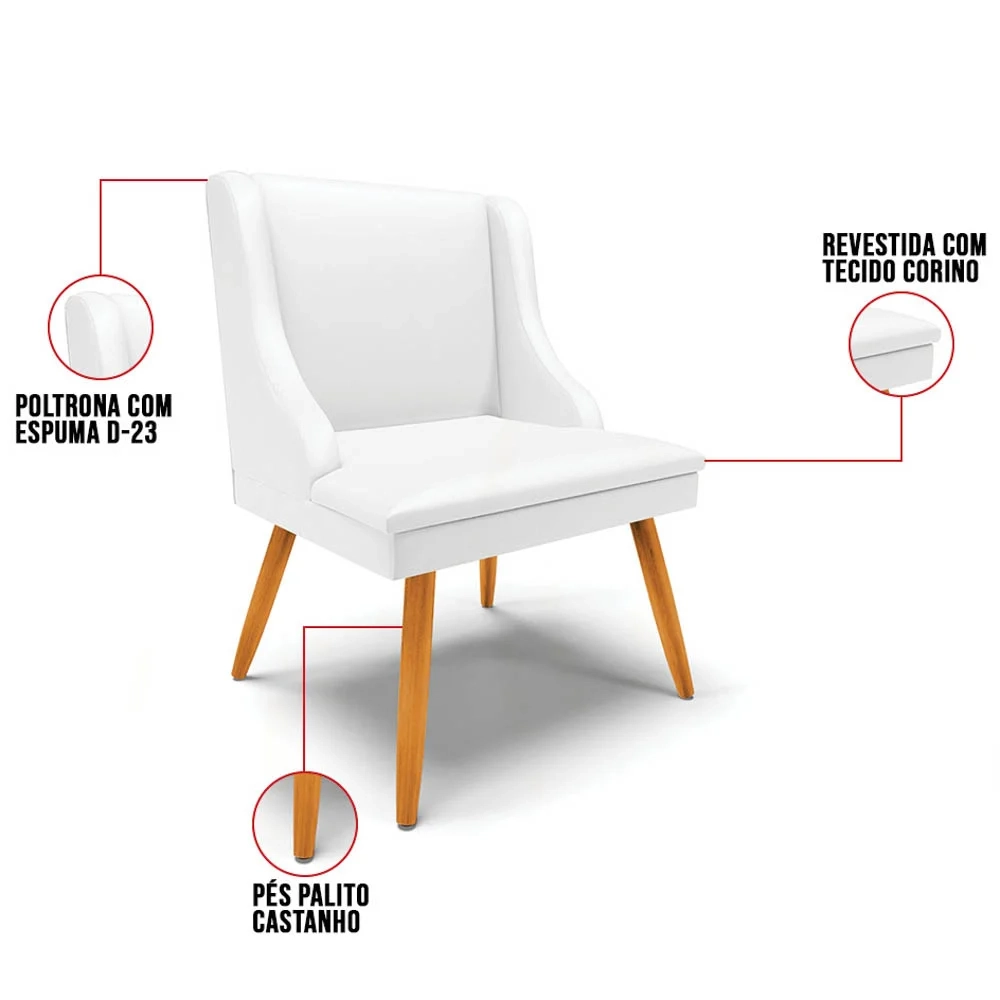 Kit 4 Cadeiras Estofadas para Sala de Jantar Pés Palito Lia Sintético Branco - Ibiza