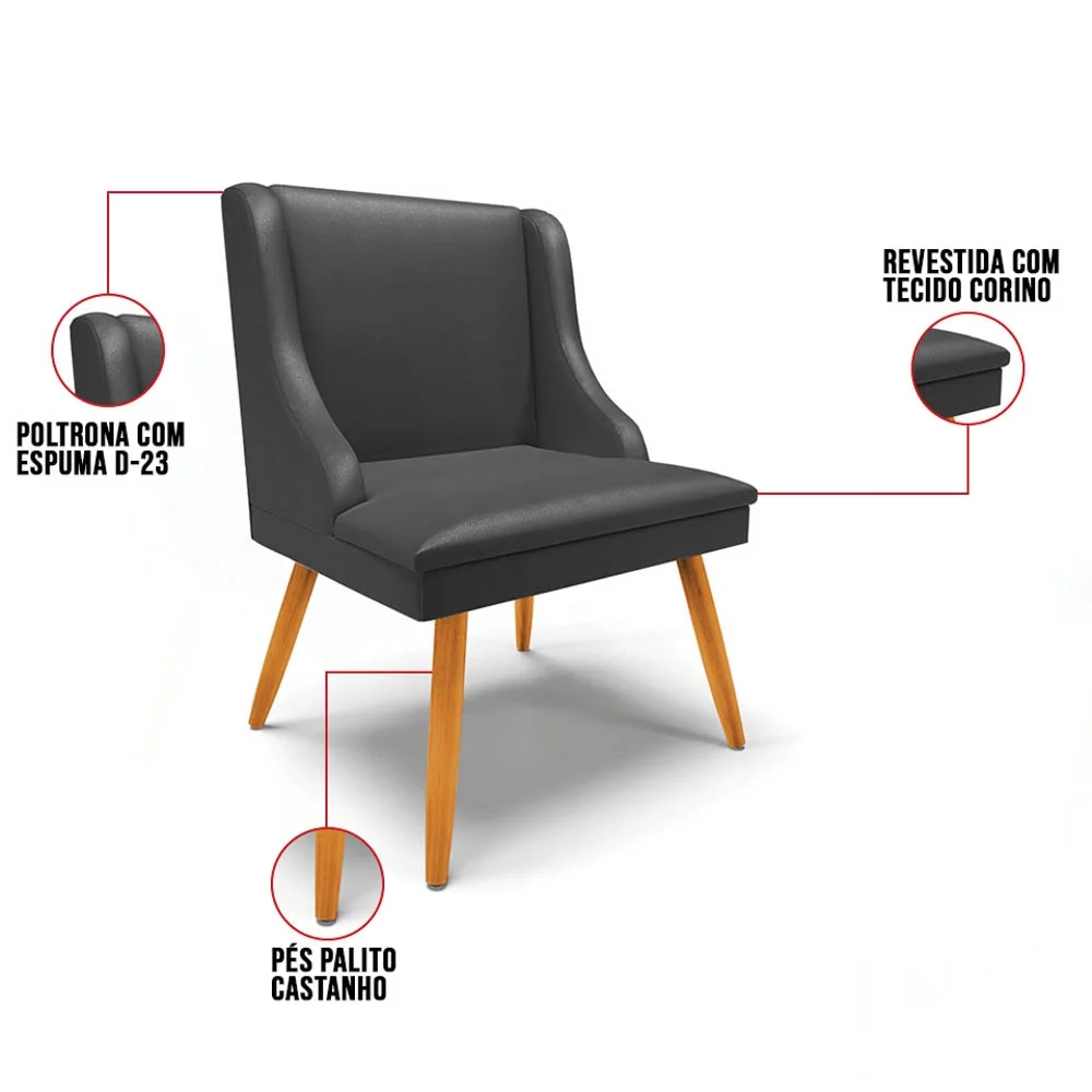 Kit 4 Cadeiras Estofadas para Sala de Jantar Pés Palito Lia Sintético Preto - Ibiza