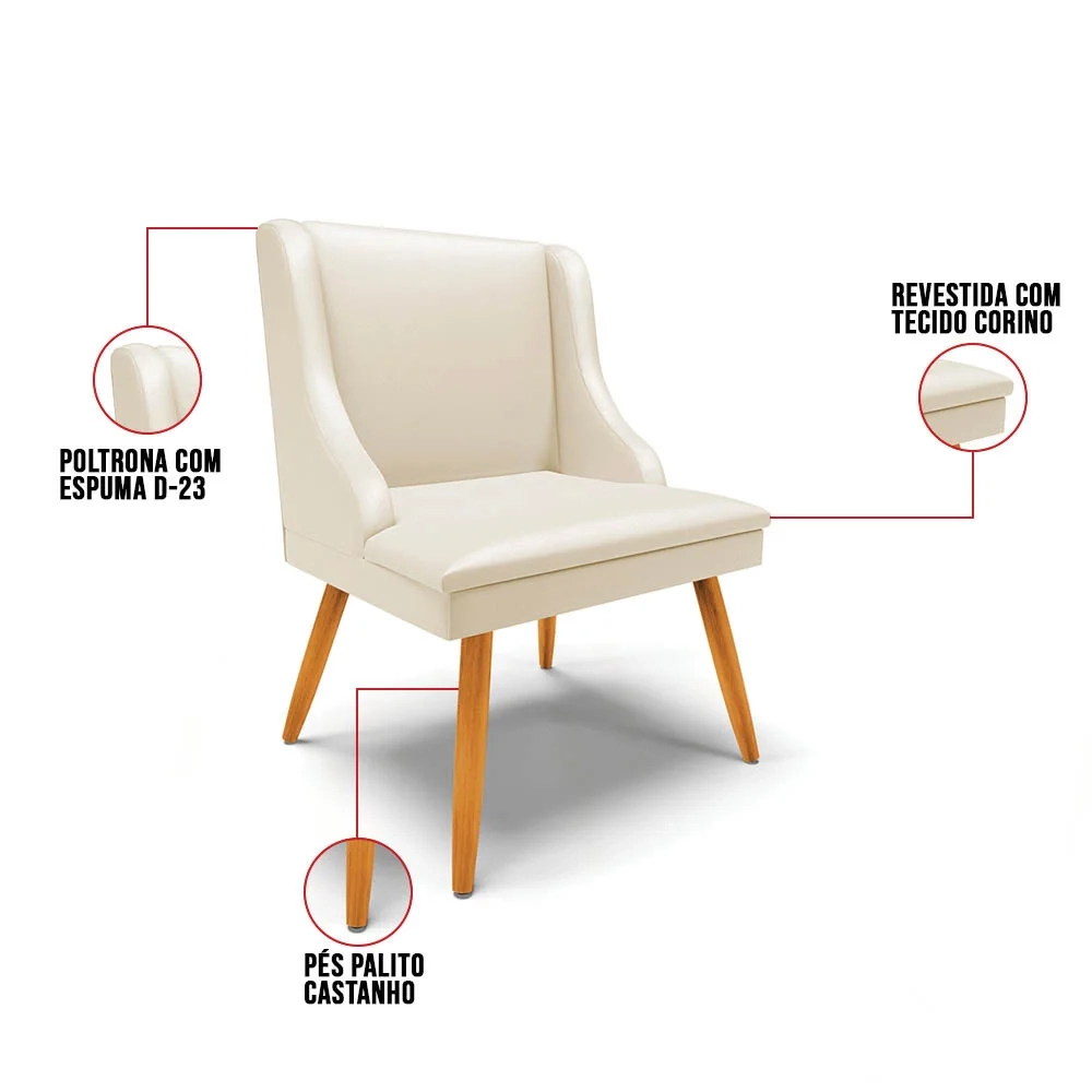 Kit 6 Cadeiras Estofadas para Sala de Jantar Pés Palito Lia Sintético Bege - Ibiza