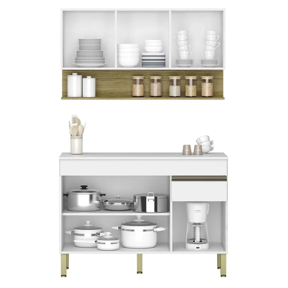 Armário de Cozinha e Balcão com Tampo 120cm Lina Z06 Supremo/Freijó - Mpozenato