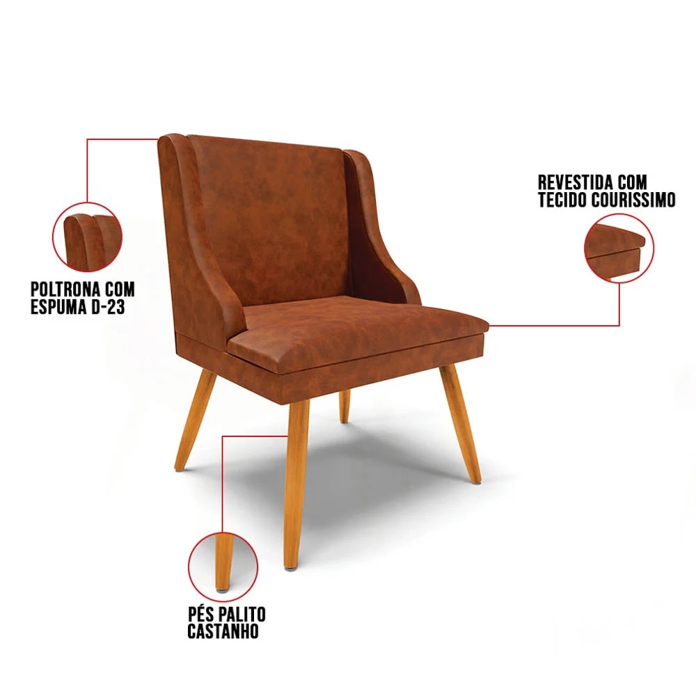 Kit 2 Cadeiras Estofadas para Sala de Jantar Pés Palito Lia Sintético Premium Nozes - Ibiza