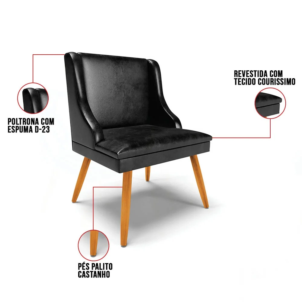 Kit 4 Cadeiras Estofadas para Sala de Jantar Pés Palito Lia Sintético Premium Preto - Ibiza