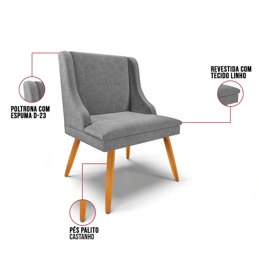 Kit 4 Cadeiras Estofadas para Sala de Jantar Pés Palito Lia Linho Grafite - Ibiza