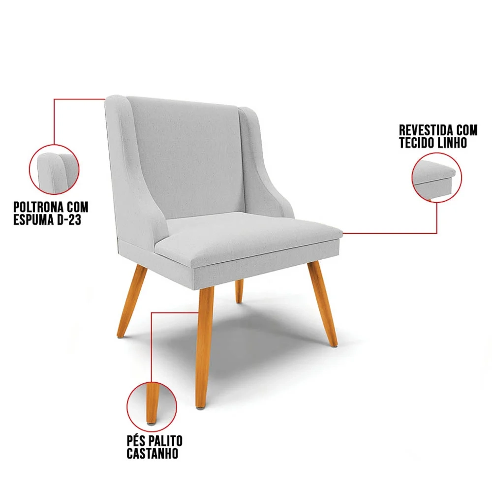 Kit 8 Cadeiras Estofadas para Sala de Jantar Pés Palito Lia Linho Cinza - Ibiza