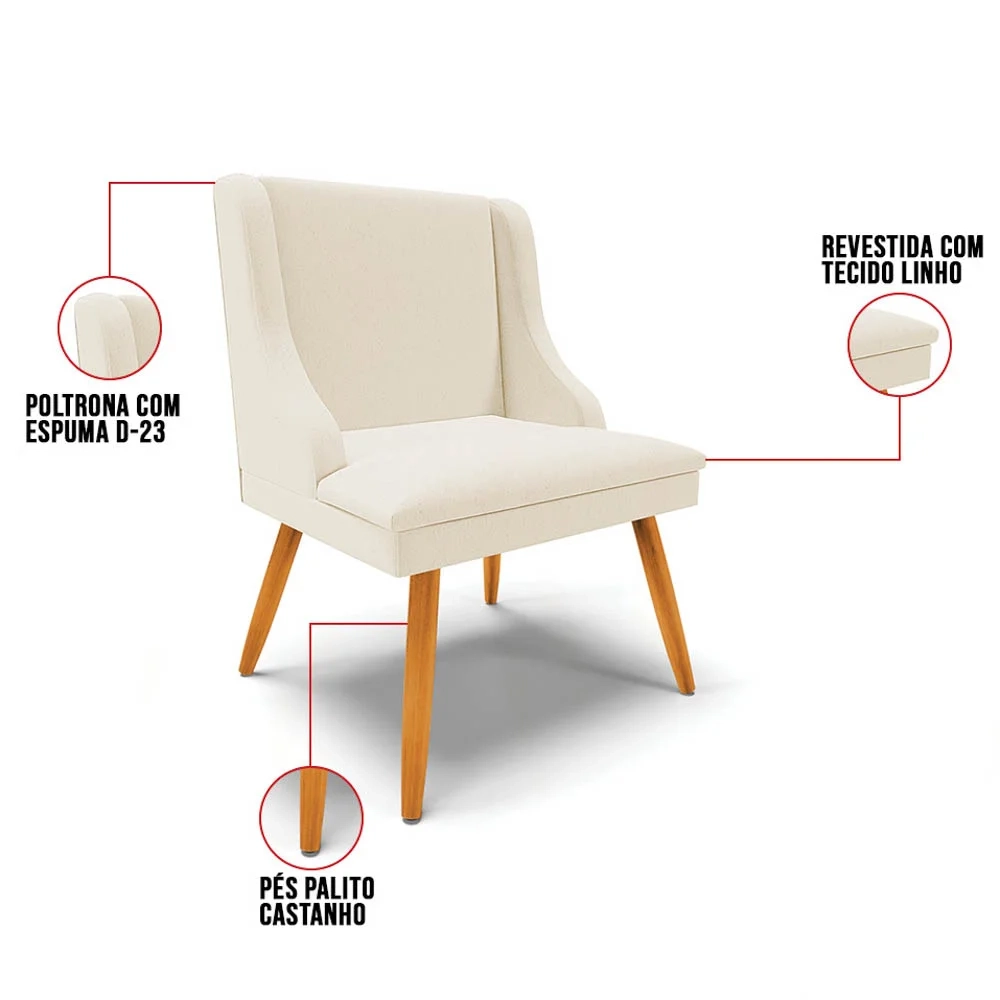 Kit 10 Cadeiras Estofadas para Sala de Jantar Pés Palito Lia Linho Bege - Ibiza