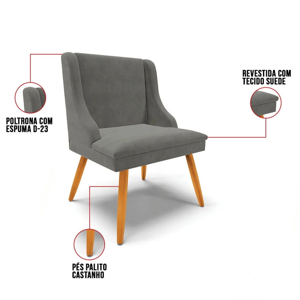 Kit 2 Cadeiras Estofadas para Sala de Jantar Pés Palito Lia Suede Grafite - Ibiza