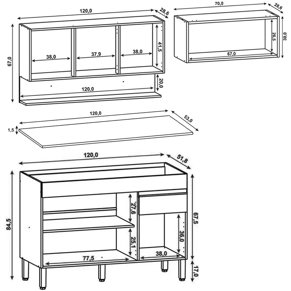 Armário de Cozinha 3 Peças Balcão com Tampo 120cm Lina05 Z06 Gris/Freijó - Mpozenato