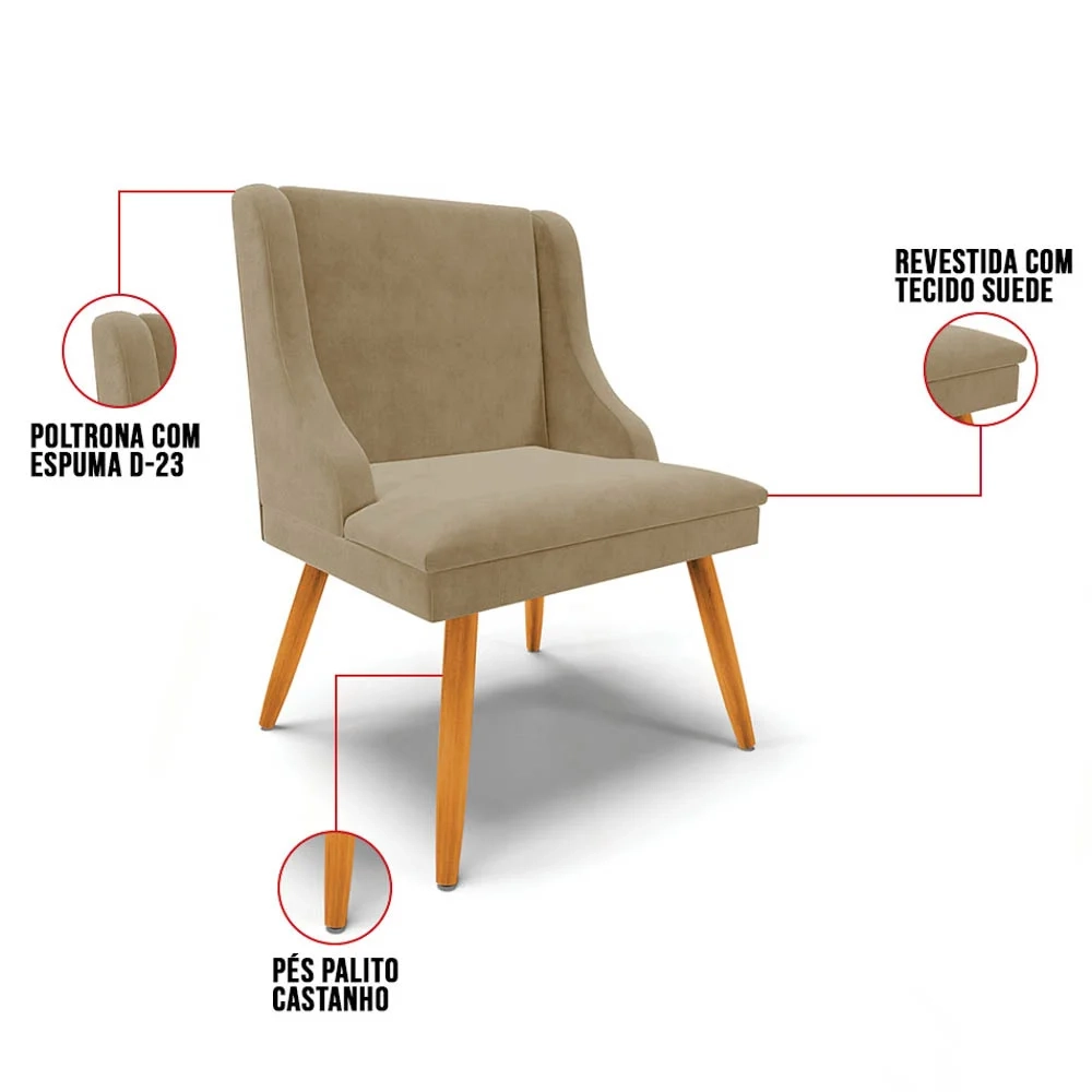 Kit 2 Cadeiras Estofadas para Sala de Jantar Pés Palito Lia Suede Marrom RT - Ibiza