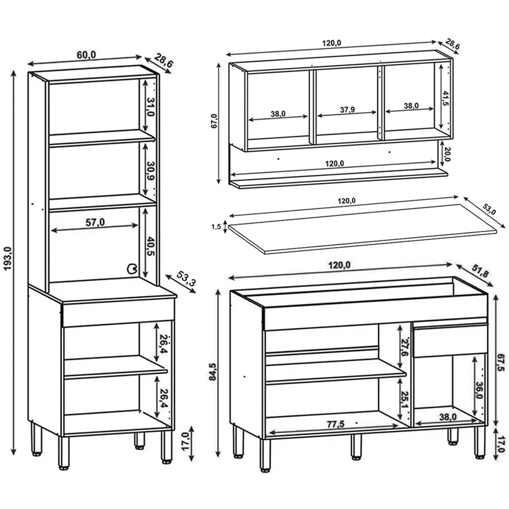 Armário de Cozinha 3 Peças Balcão 120cm com Tampo Lina06 Z06 Supremo/Freijó - Mpozenato