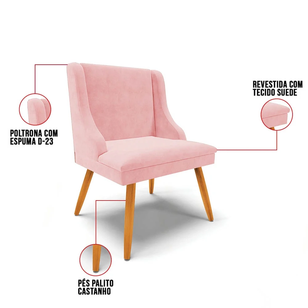 Kit 4 Cadeiras Estofadas para Sala de Jantar Pés Palito Lia Suede Rosa Bebê - Ibiza
