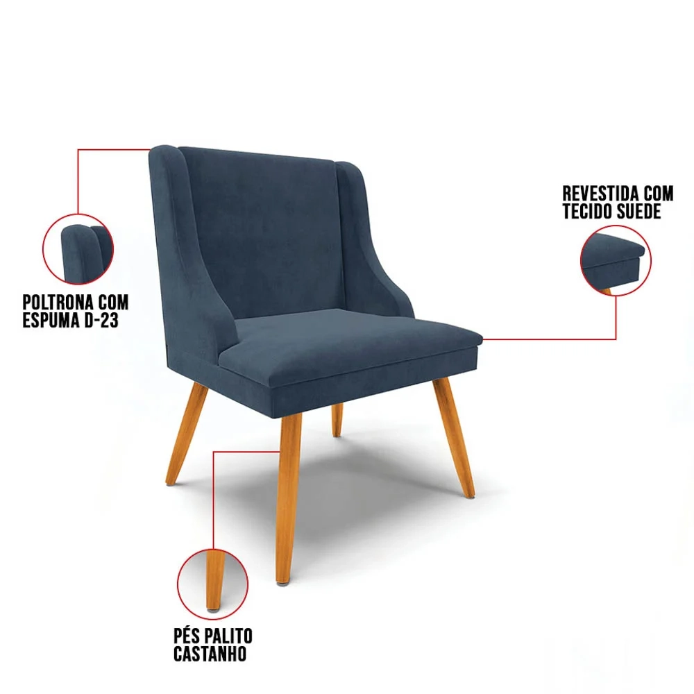 Kit 6 Cadeiras Estofadas para Sala de Jantar Pés Palito Lia Suede Azul Marinho - Ibiza